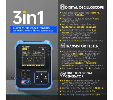 DSO-TC3 3-IN-1 Handheld Digital Oscilloscopes Signal Generator Transistor Tester